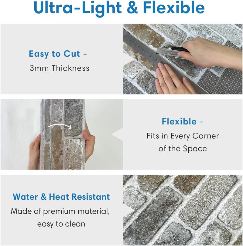 COMSTICKC 10 Pcs 3D Faux Brick Wall Panel, Peel and Stick Brick Wall Tiles, 12"X12" Small Size Thin PVC Gray Brick Self Adhesive Brick Backsplash Faux Brick Panels, Paintable Decorative Tiles - Image 5